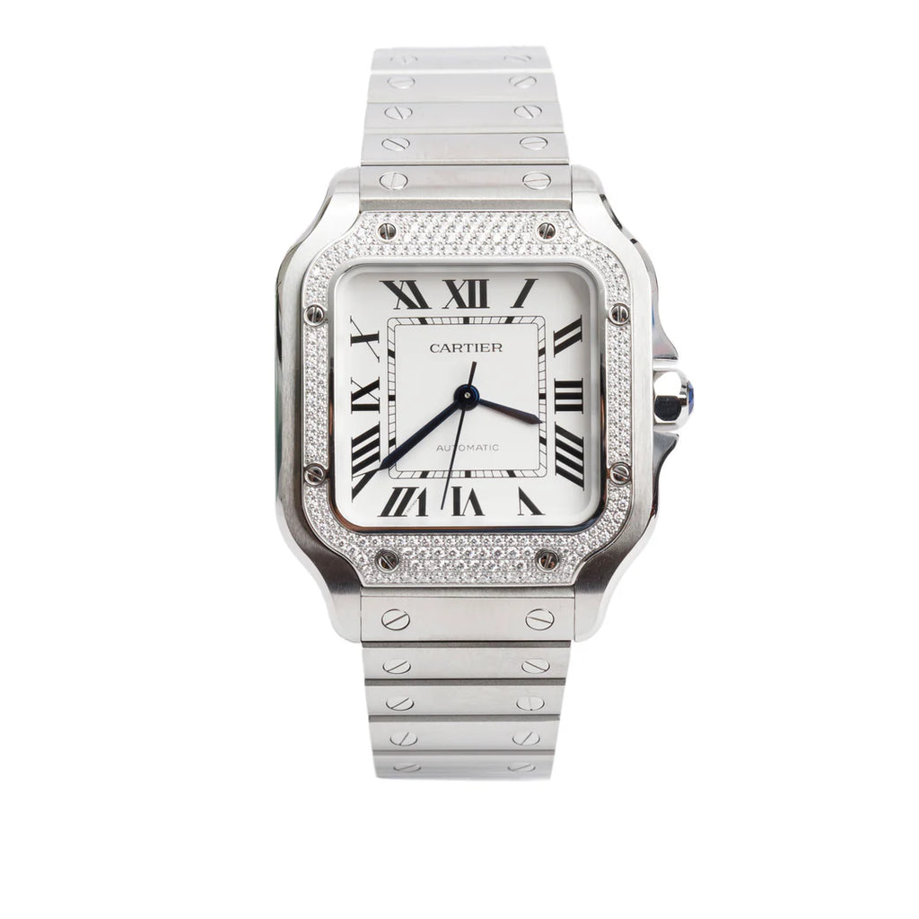 2023 Stainless Steel Diamond Bezel Santos de Automatic Watch, Medium Model 4075 w/ Box, Papers &amp; Extra Leather Strap