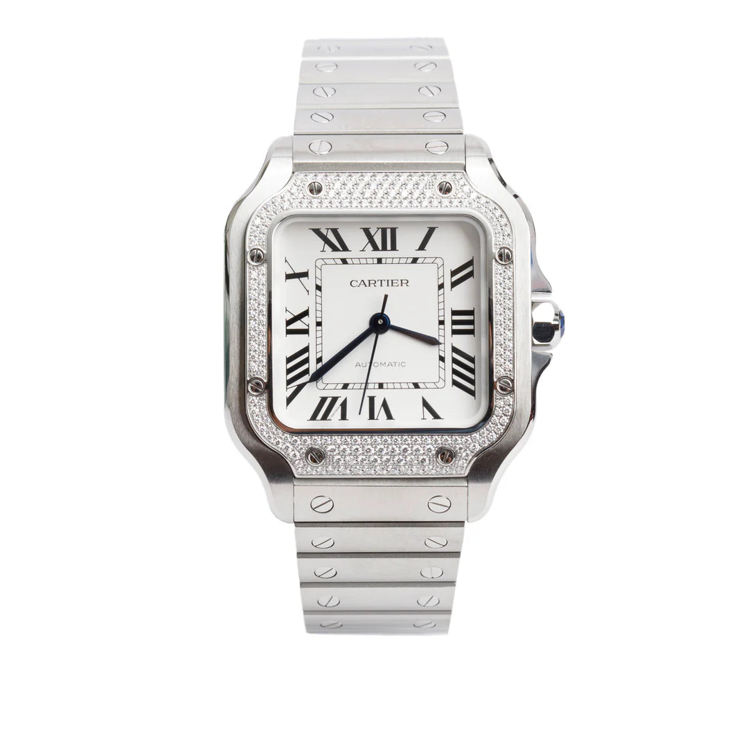 2023 Stainless Steel Diamond Bezel Santos de Automatic Watch, Medium Model 4075 w/ Box, Papers &amp; Extra Leather Strap
