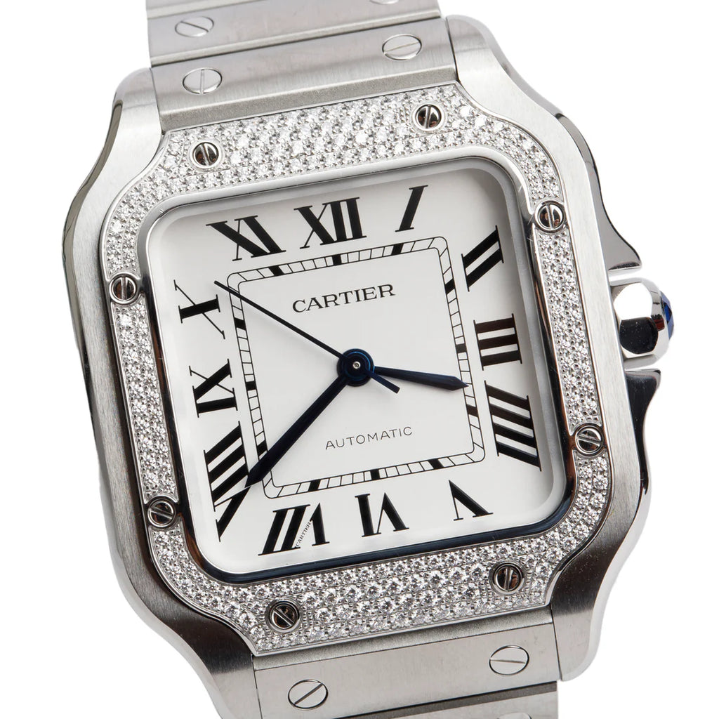 2023 Stainless Steel Diamond Bezel Santos de Automatic Watch, Medium Model 4075 w/ Box, Papers &amp; Extra Leather Strap