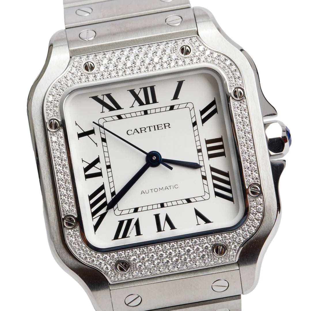 2023 Stainless Steel Diamond Bezel Santos de Automatic Watch, Medium Model 4075 w/ Box, Papers &amp; Extra Leather Strap