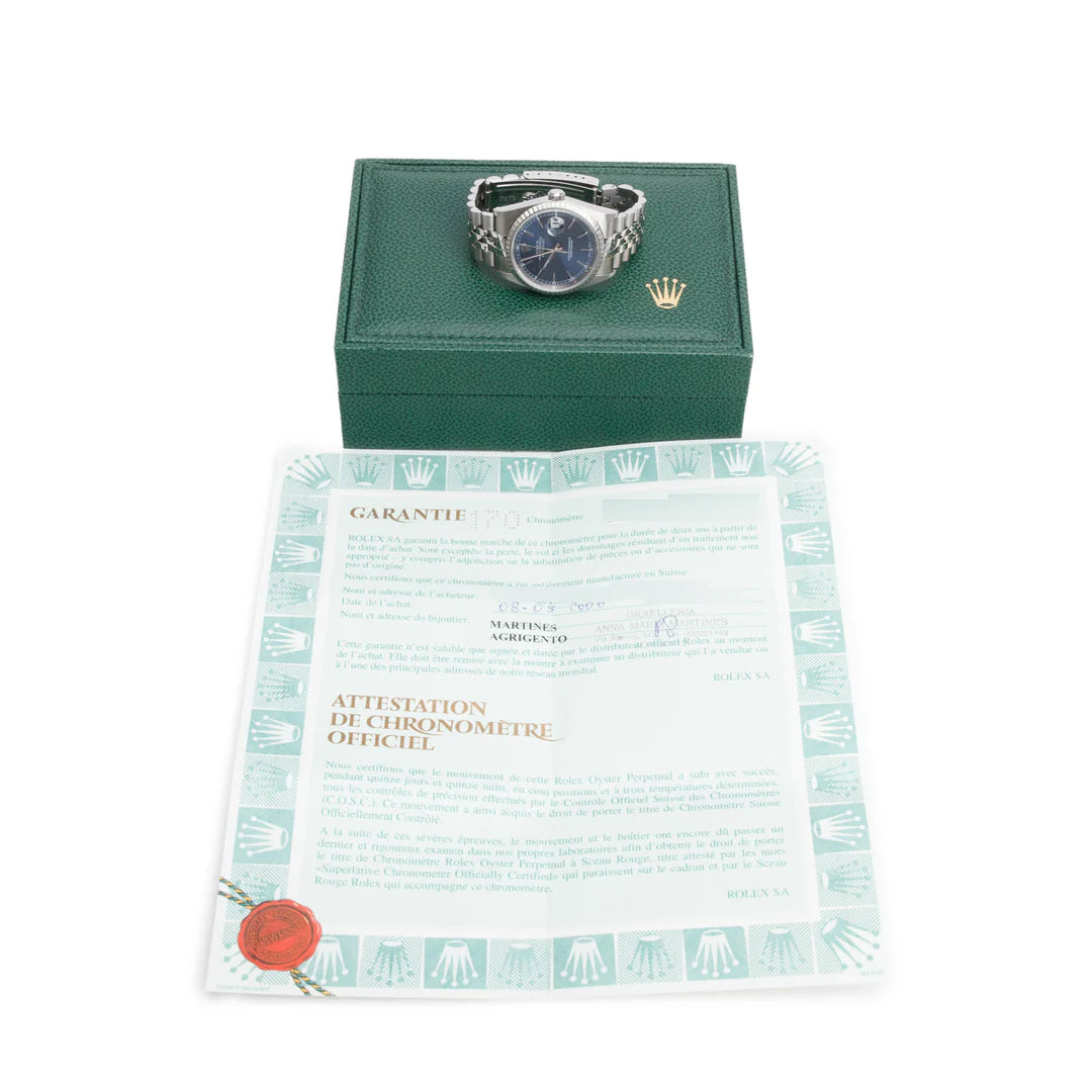 Stainless Steel Datejust 36 MM Automatic Watch Blue Dial 16220 w/ Box &amp; Papers