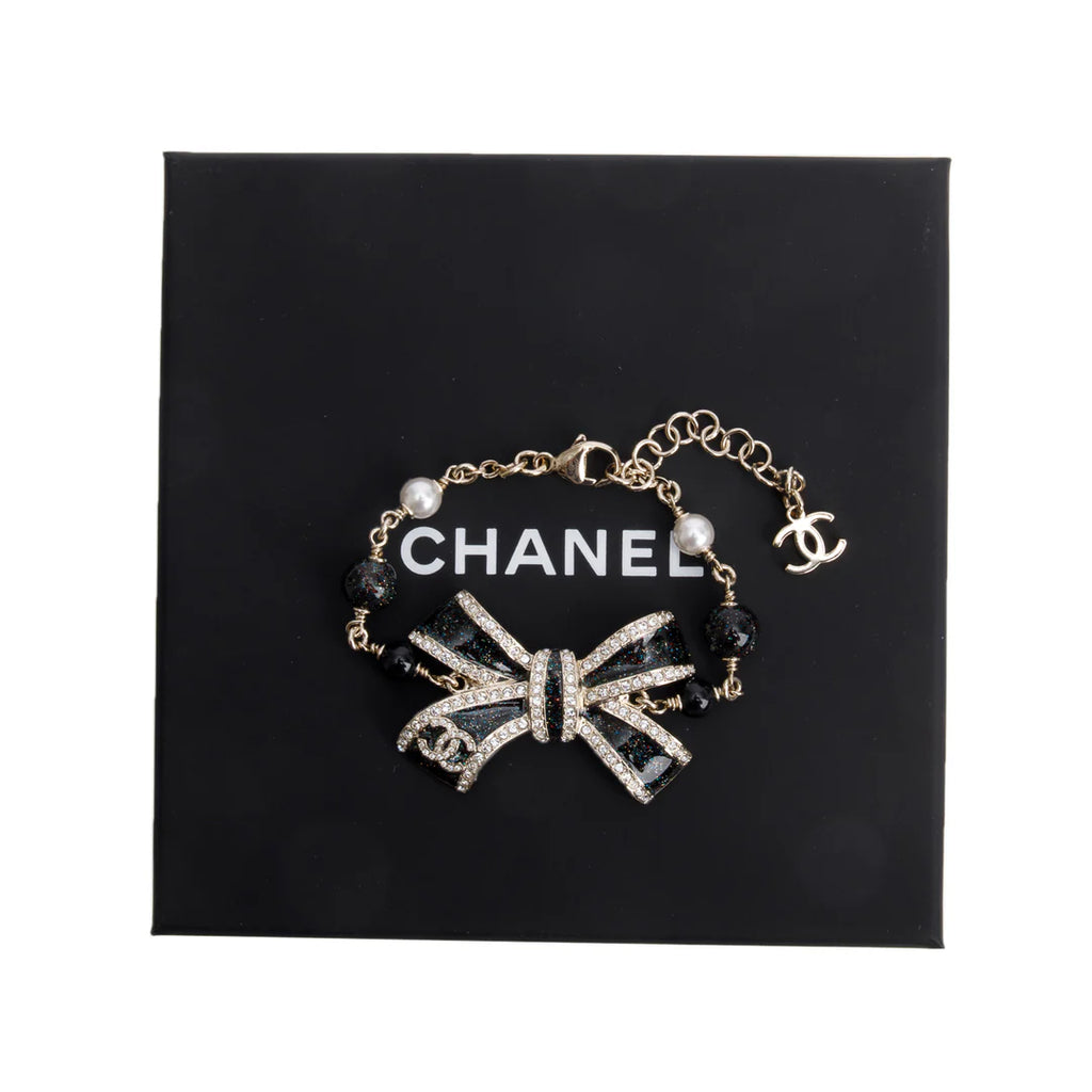 2025 Gold Plated Faux Pearl, Strass &amp; Bead CC Bow Charm Bracelet w/ Box &amp; Receipt Coeur Cult Core