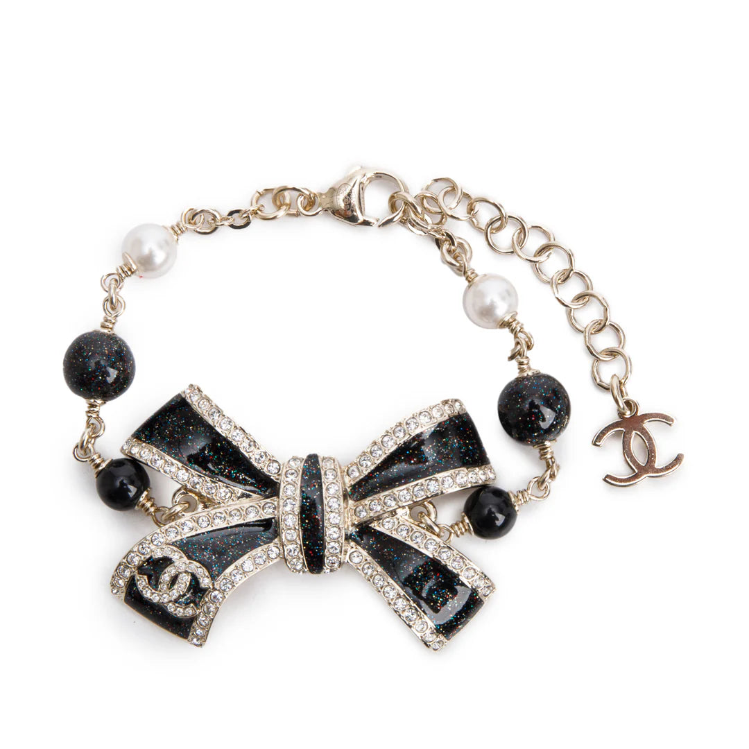 2025 Gold Plated Faux Pearl, Strass &amp; Bead CC Bow Charm Bracelet w/ Box &amp; Receipt Coeur Cult Core