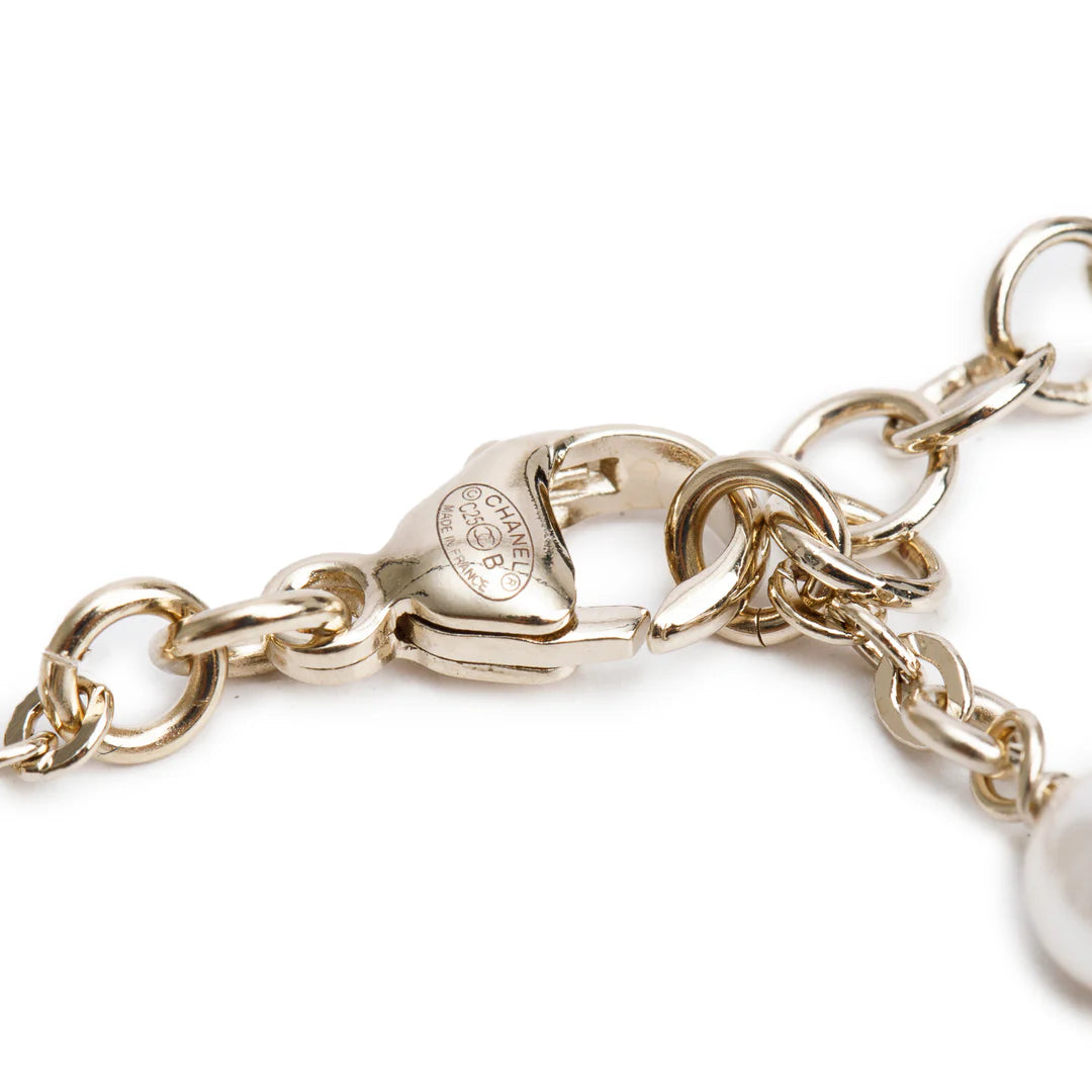 2025 Gold Plated Faux Pearl, Strass &amp; Bead CC Bow Charm Bracelet w/ Box &amp; Receipt Coeur Cult Core