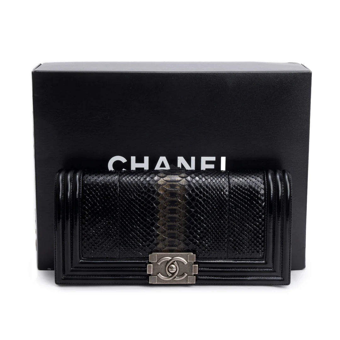 Black Python Patent Leather Boy Flap Clutch w/ Box &amp; Authenticity Card