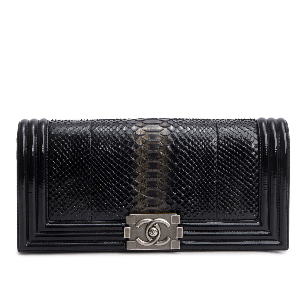 Black Python Patent Leather Boy Flap Clutch w/ Box &amp; Authenticity Card