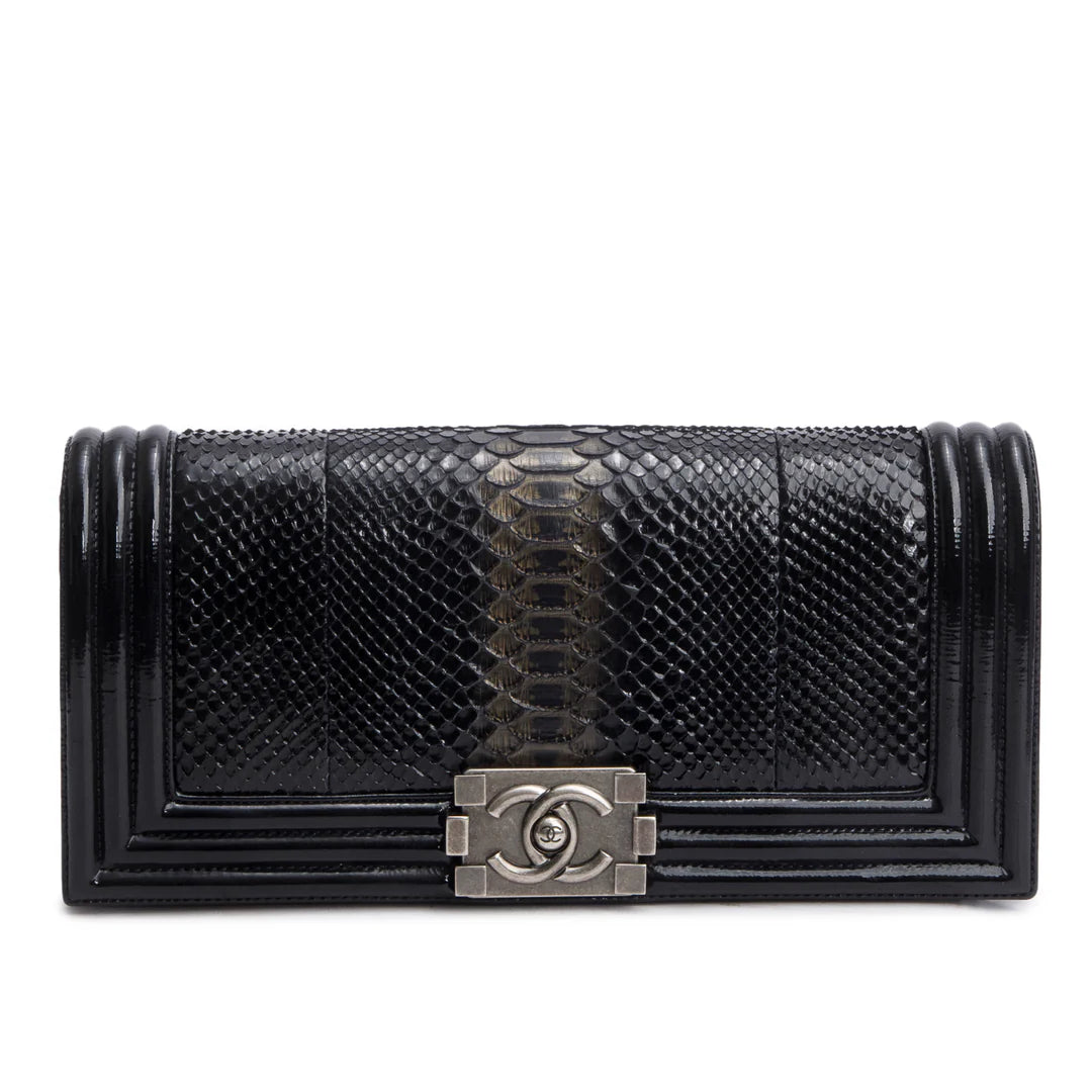 Black Python Patent Leather Boy Flap Clutch w/ Box &amp; Authenticity Card