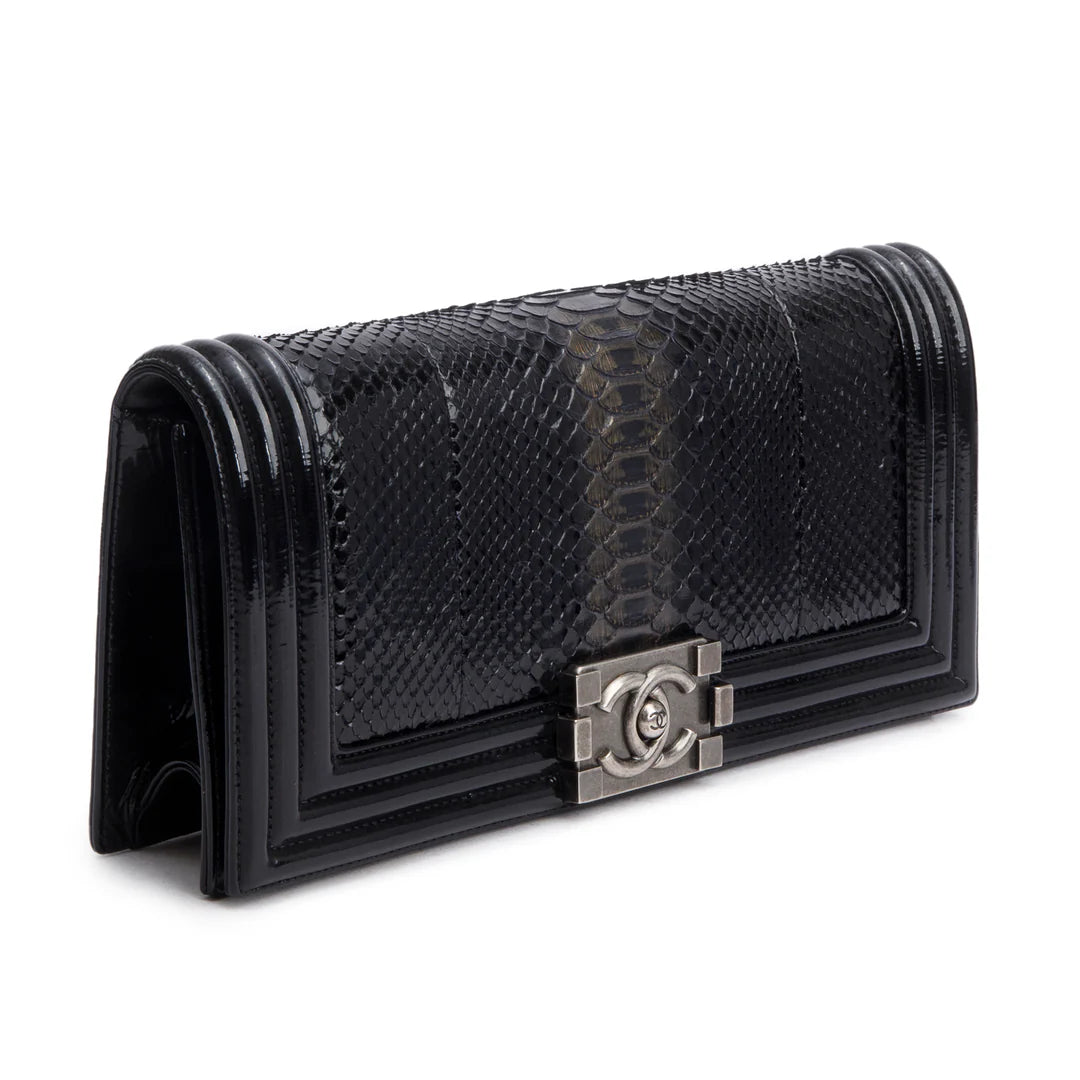 Black Python Patent Leather Boy Flap Clutch w/ Box &amp; Authenticity Card