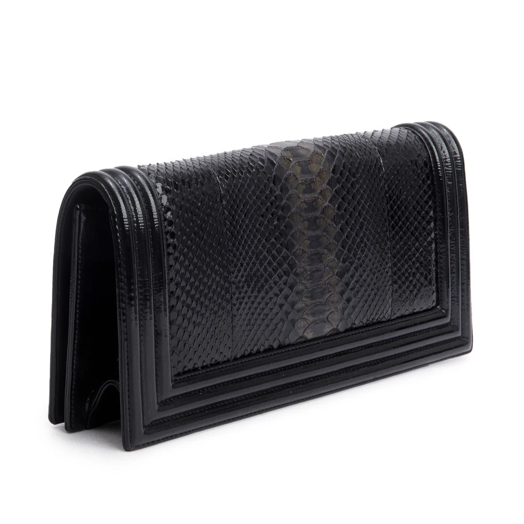 Black Python Patent Leather Boy Flap Clutch w/ Box &amp; Authenticity Card