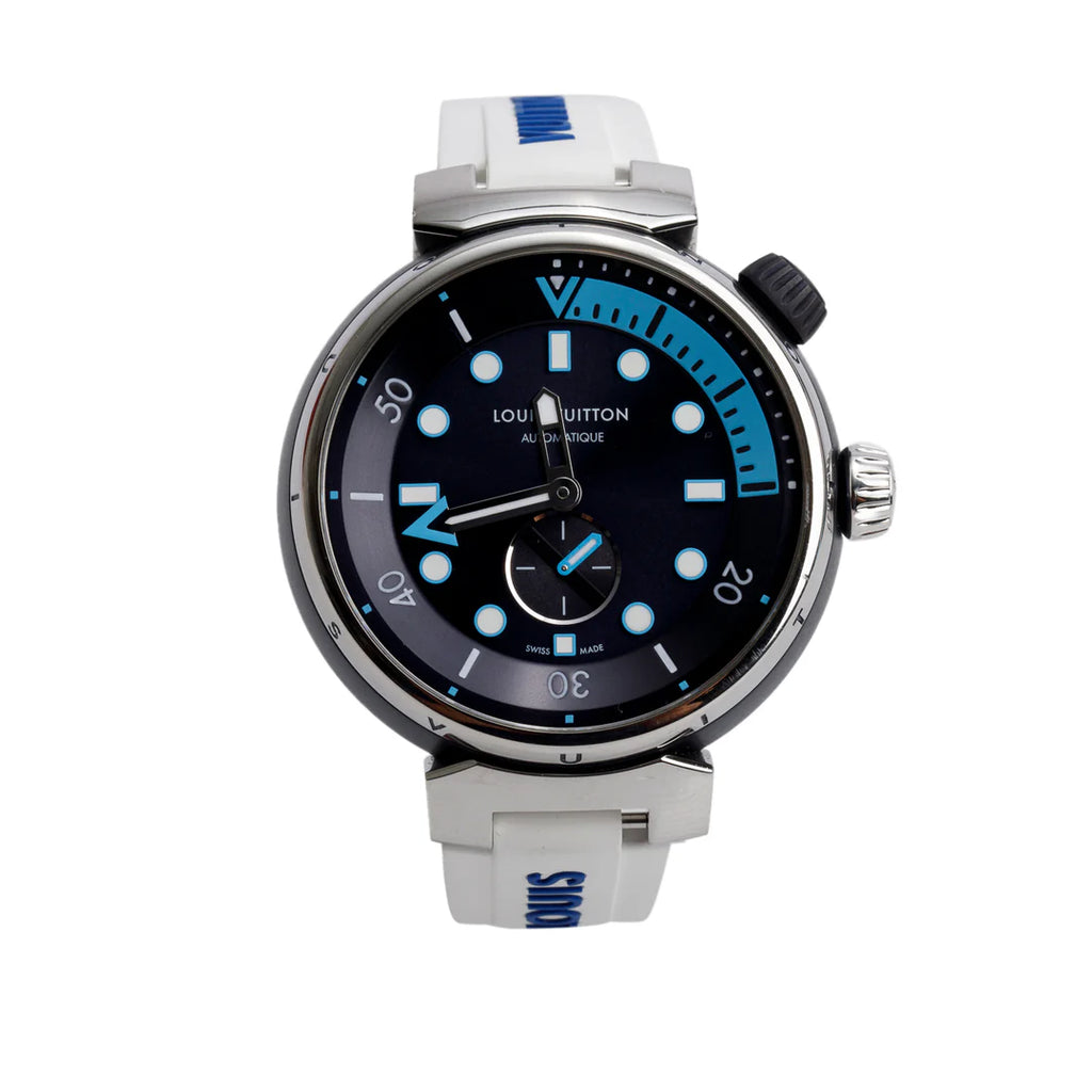 Stainless Steel &amp; Blue PVD Tambour Street Diver 44 MM Automatic Watch QA121 w/ Box &amp; Papers