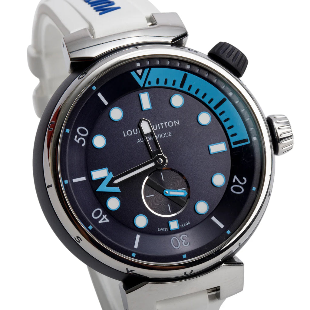Stainless Steel &amp; Blue PVD Tambour Street Diver 44 MM Automatic Watch QA121 w/ Box &amp; Papers