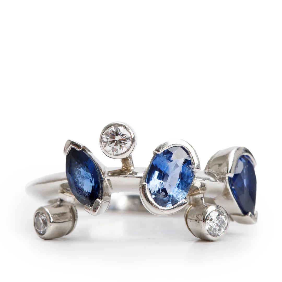 Platinum Blue Sapphire &amp; Diamond Meli Melo Ring, Size 5.75 w/ Box &amp; Papers