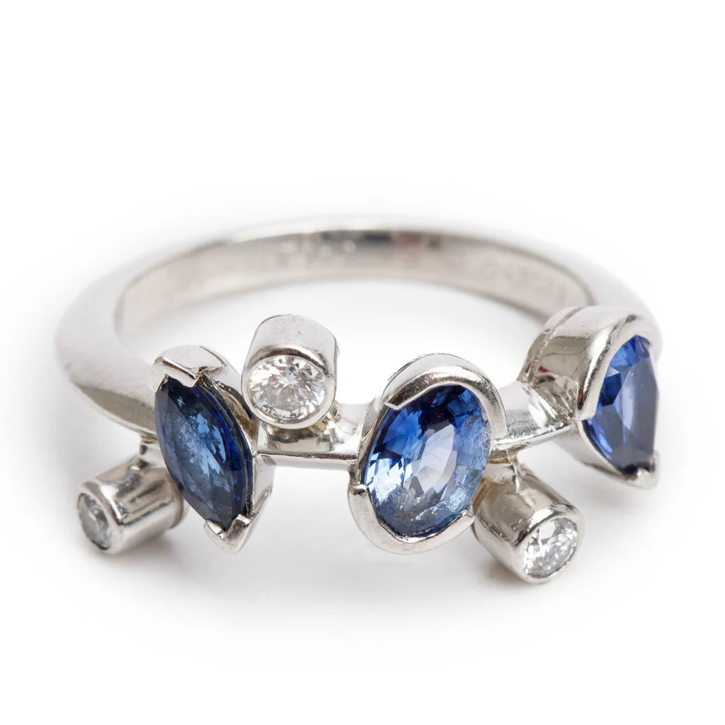 Platinum Blue Sapphire &amp; Diamond Meli Melo Ring, Size 5.75 w/ Box &amp; Papers