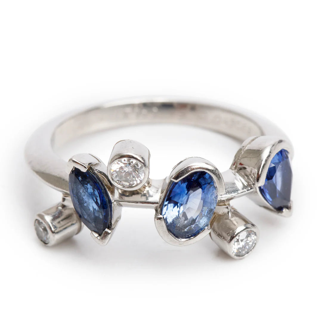 Platinum Blue Sapphire &amp; Diamond Meli Melo Ring, Size 5.75 w/ Box &amp; Papers