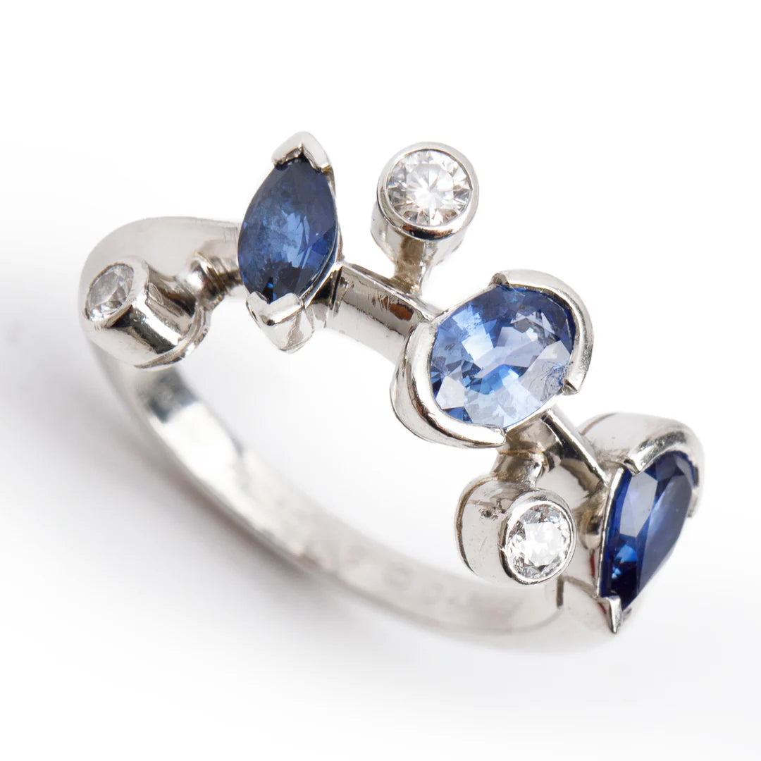 Platinum Blue Sapphire &amp; Diamond Meli Melo Ring, Size 5.75 w/ Box &amp; Papers