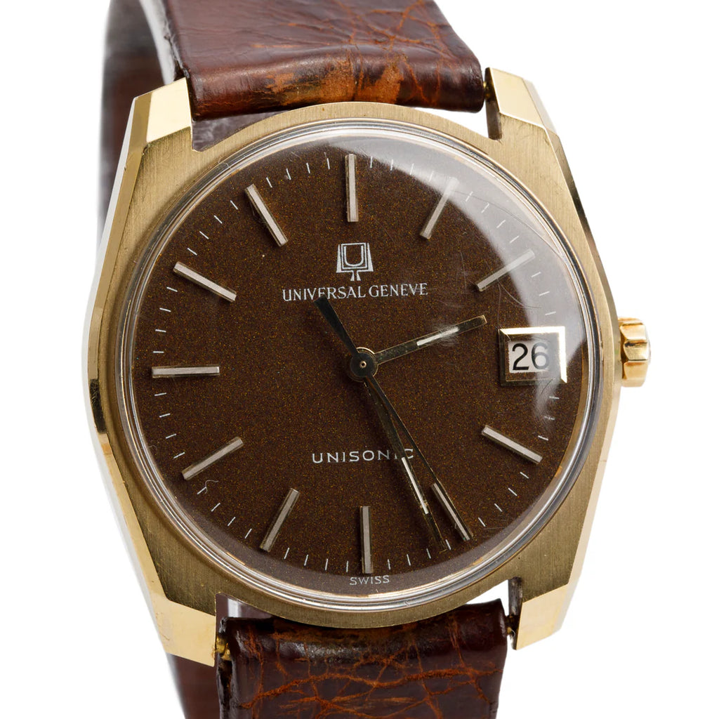 Vintage 18k Yellow Gold Unisonic 34 MM Watch Brown Dial