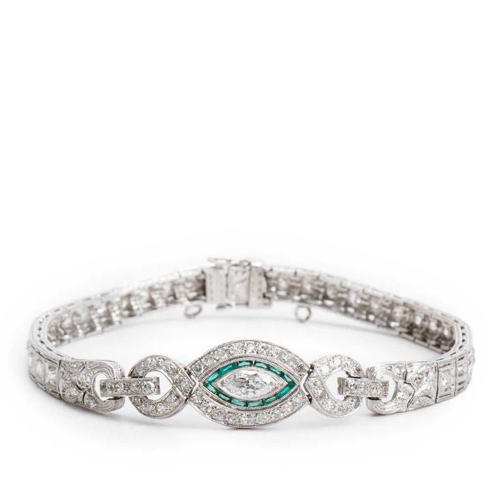 Antique Platinum Emerald and Diamond Art Deco Bracelet