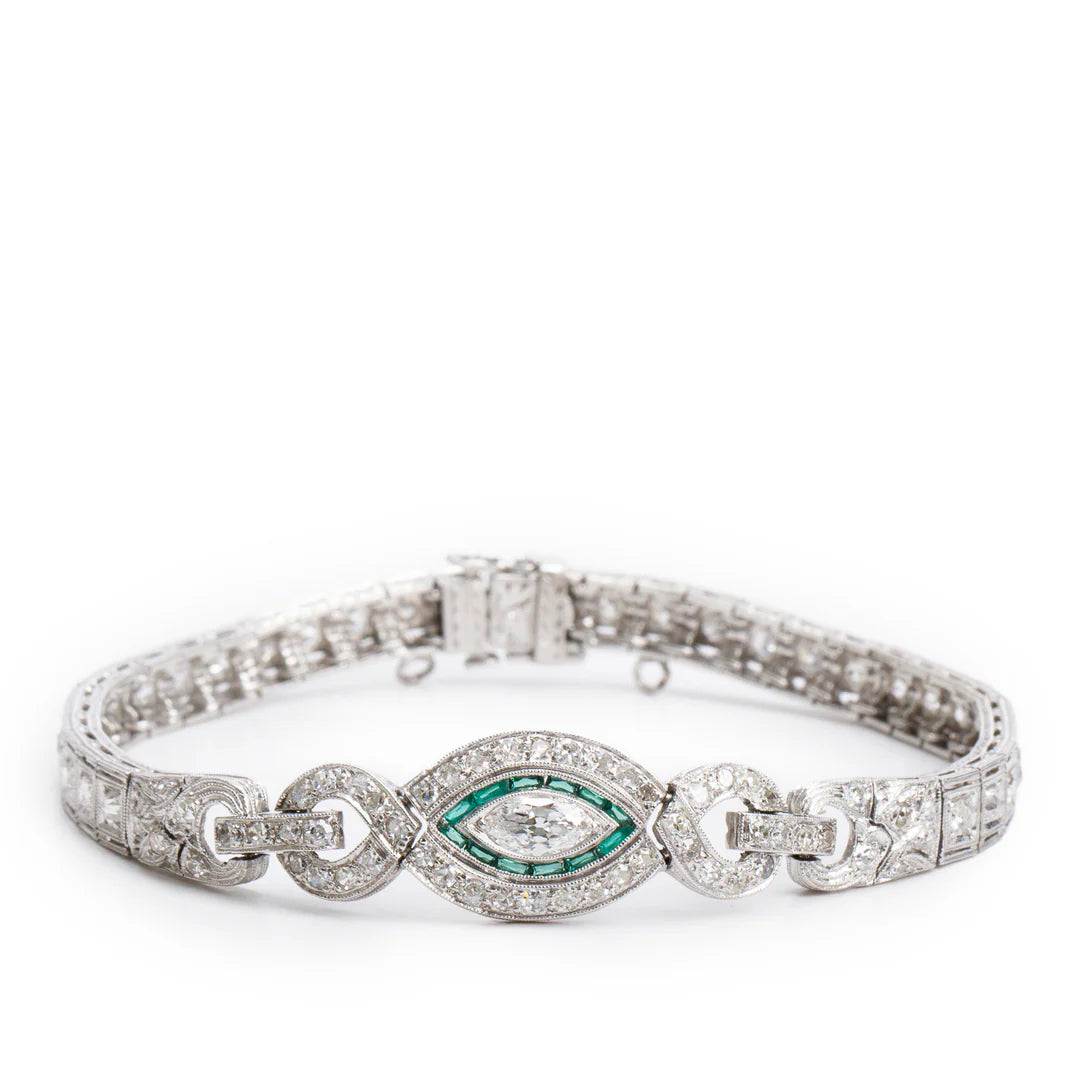 Antique Platinum Emerald and Diamond Art Deco Bracelet