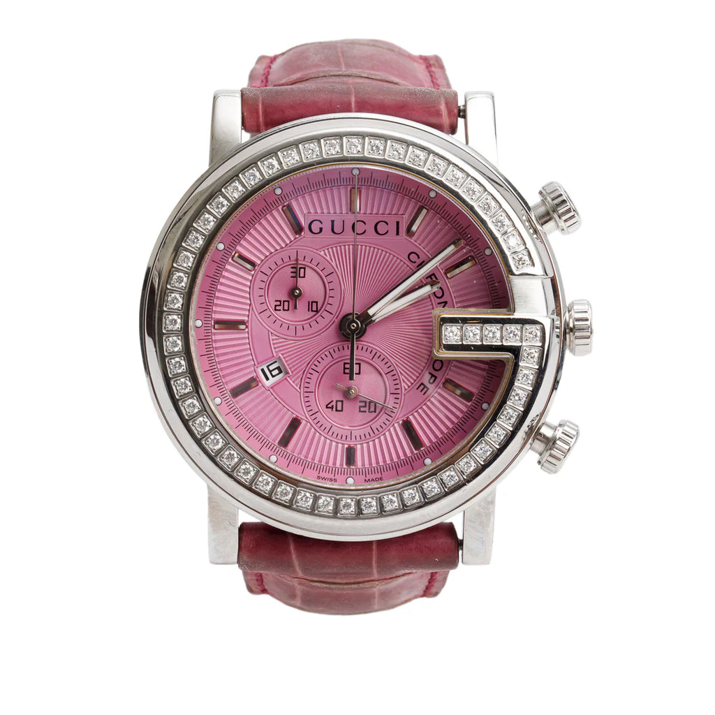 Stainless Steel Diamond Bezel G-Chrono 44 MM Chronograph Quartz Watch Pink Dial w/ Box &amp; Papers