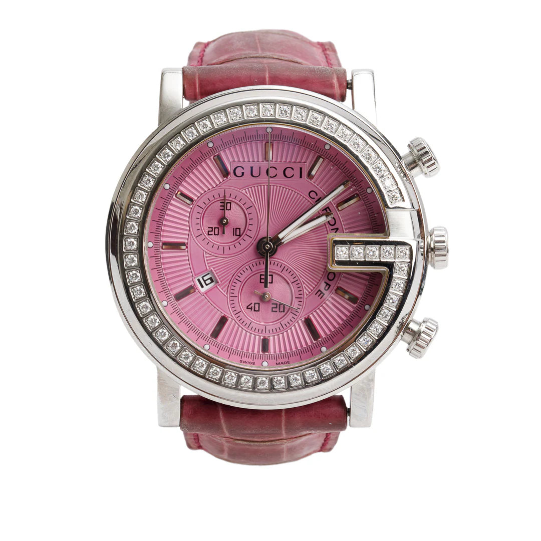 Stainless Steel Diamond Bezel G-Chrono 44 MM Chronograph Quartz Watch Pink Dial w/ Box &amp; Papers