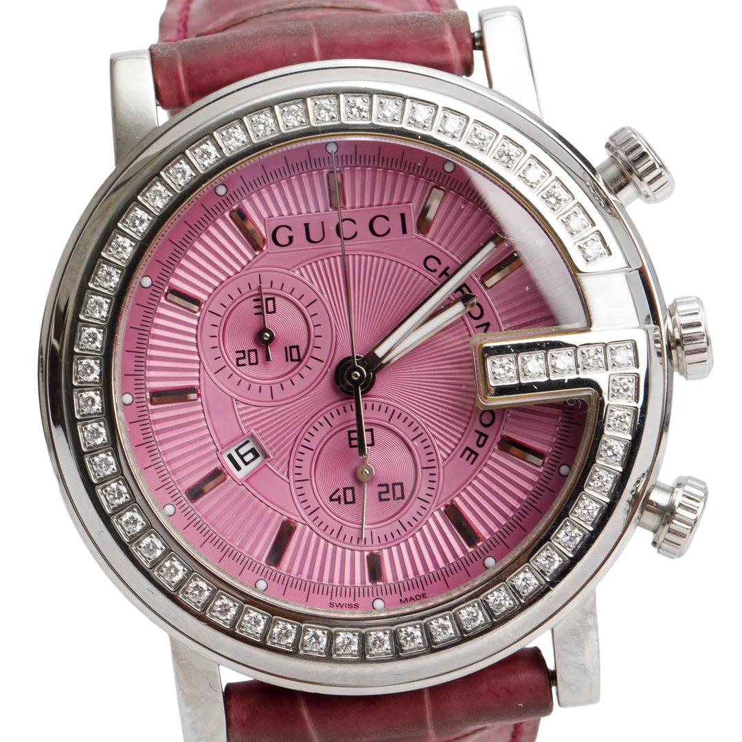 Stainless Steel Diamond Bezel G-Chrono 44 MM Chronograph Quartz Watch Pink Dial w/ Box &amp; Papers
