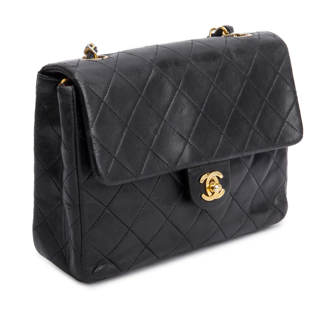 Vintage Black Lambskin Quilted Mini Square Flap Bag w/ Authenticity Card