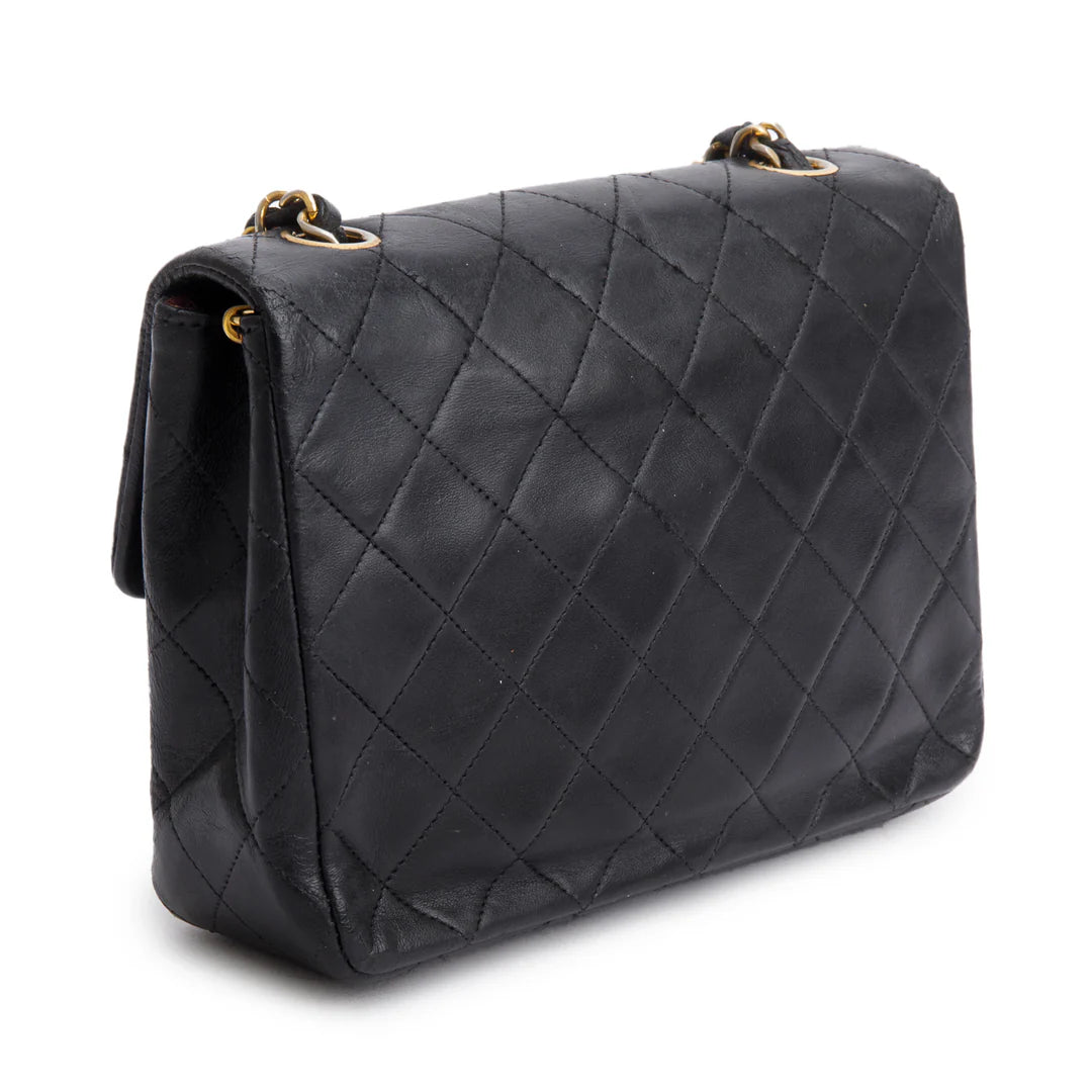 Vintage Black Lambskin Quilted Mini Square Flap Bag w/ Authenticity Card