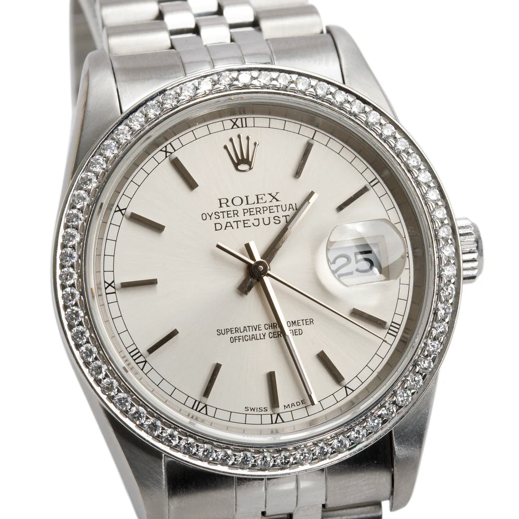 Stainless Steel Aftermarket Diamond Bezel Oyster Perpetual Datejust 36 MM Silver Dial Watch Silver Dial 16234