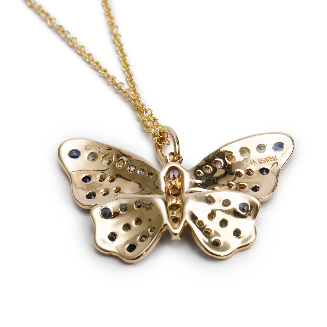 Effy Watercolors 14k Yellow Gold Multicolor Sapphire Butterfly Pendant Necklace w/ Box &amp; Receipt