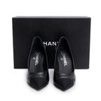 Black Goatskin Grosgrain Cap Toe Faux Pearl CC Pumps, Size 36 w/ Box
