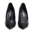 Black Goatskin Grosgrain Cap Toe Faux Pearl CC Pumps, Size 36 w/ Box