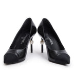Black Goatskin Grosgrain Cap Toe Faux Pearl CC Pumps, Size 36 w/ Box