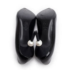 Black Goatskin Grosgrain Cap Toe Faux Pearl CC Pumps, Size 36 w/ Box
