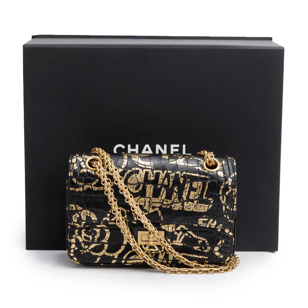 Black Calfskin Croc Embossed Grafitti 2.55 Mini Reissue Flap Bag w/ Box &amp; Authenticity Card