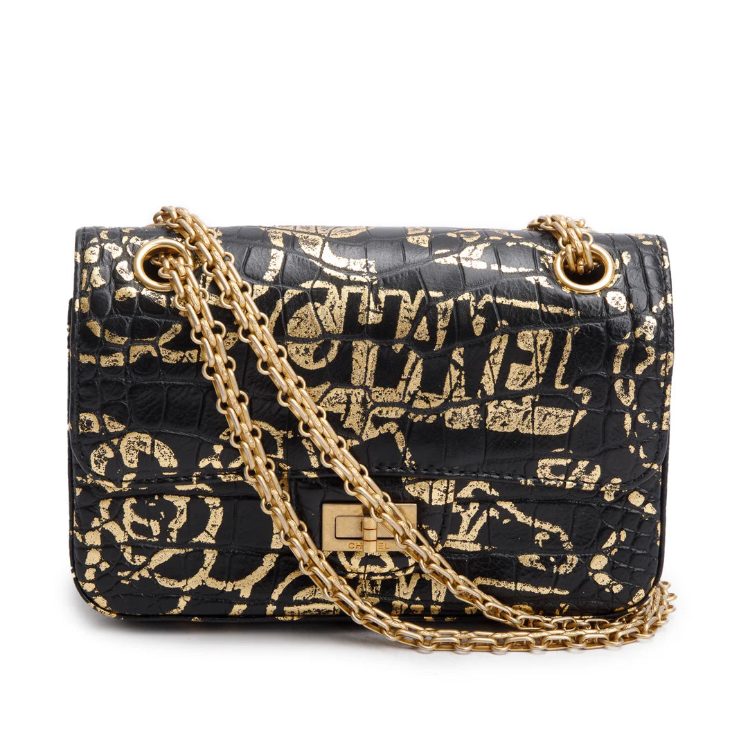 Black Calfskin Croc Embossed Grafitti 2.55 Mini Reissue Flap Bag w/ Box &amp; Authenticity Card