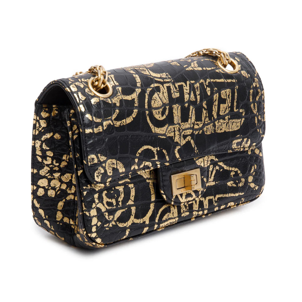 Black Calfskin Croc Embossed Grafitti 2.55 Mini Reissue Flap Bag w/ Box &amp; Authenticity Card