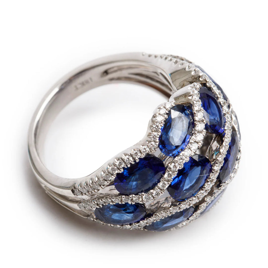 18k White Gold Blue Sapphire &amp; Diamond Cluster Ring, Size 6.5