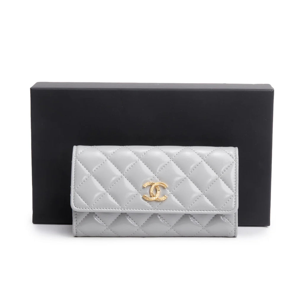 Grey Shiny Calfskin Leather Classic Small Flap Wallet w/ Box