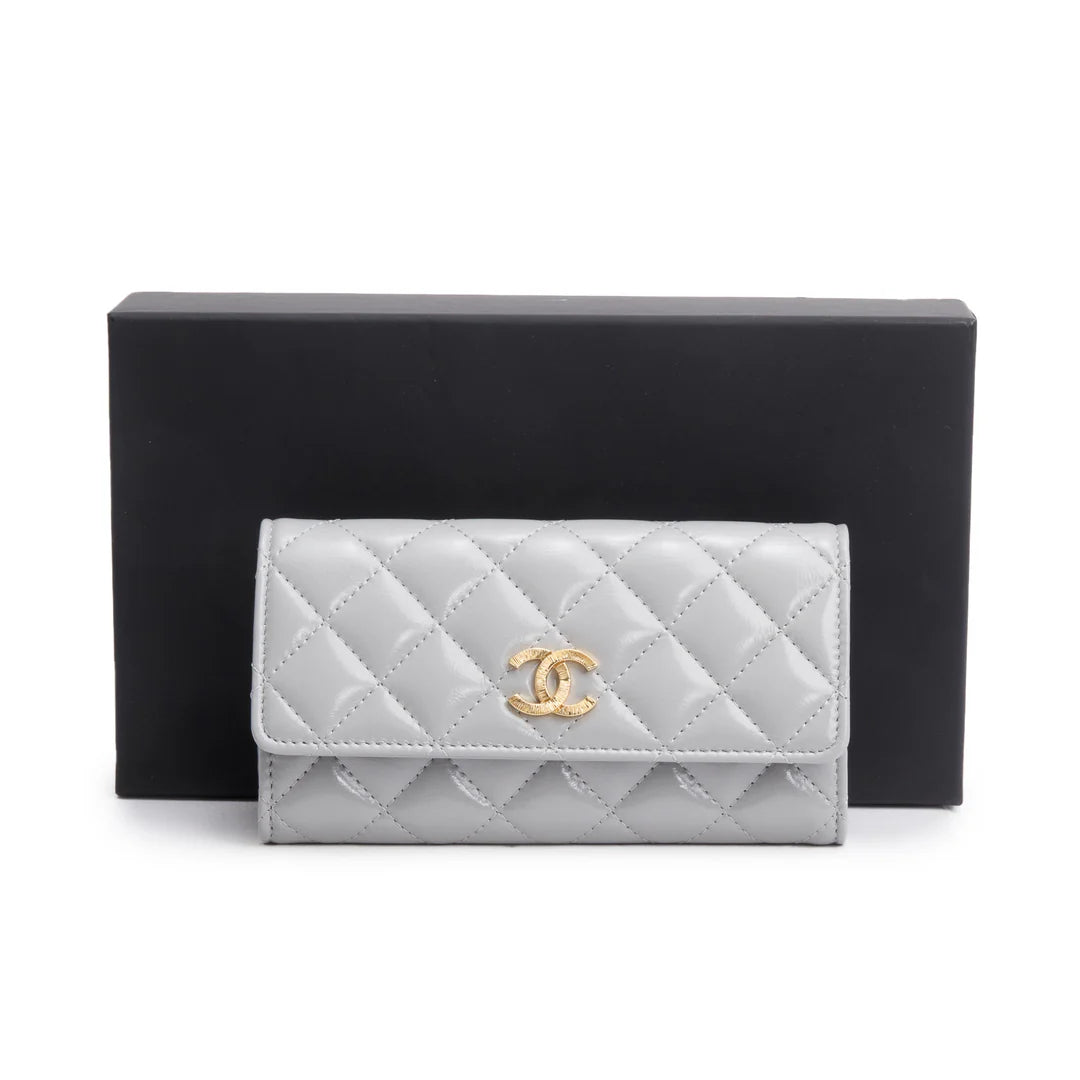 Grey Shiny Calfskin Leather Classic Small Flap Wallet w/ Box