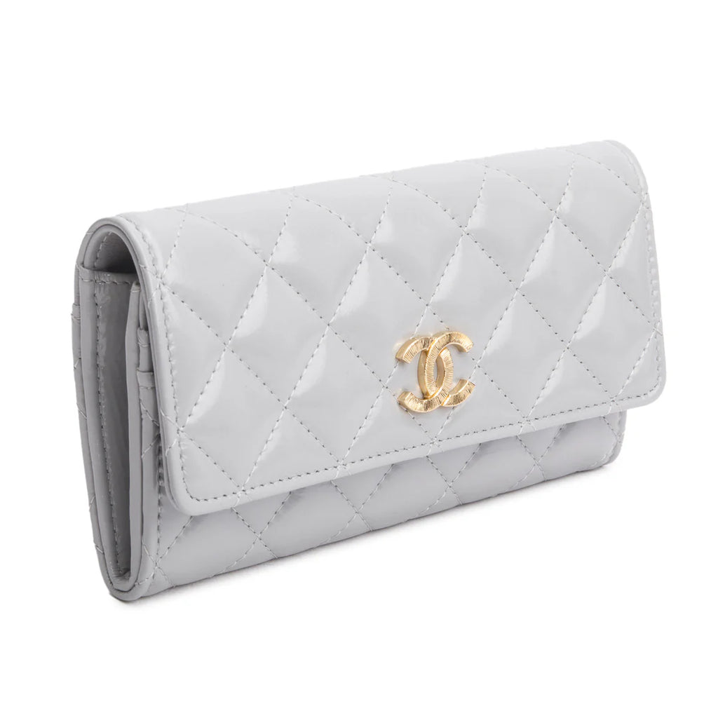 Grey Shiny Calfskin Leather Classic Small Flap Wallet w/ Box