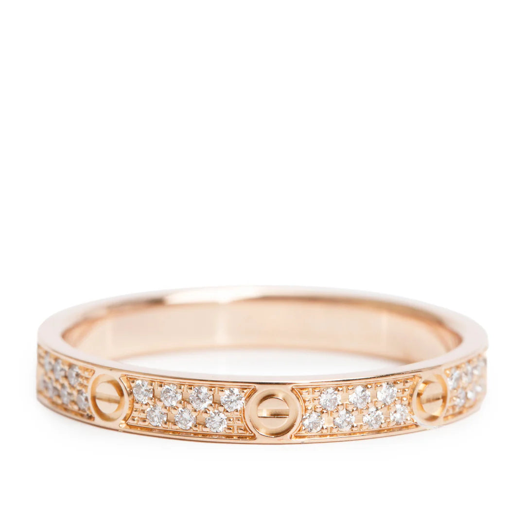 2023 18k Rose Gold Paved Diamond Love Ring, Mini Model Size 50 5.25 w/ Box &amp; Certificate