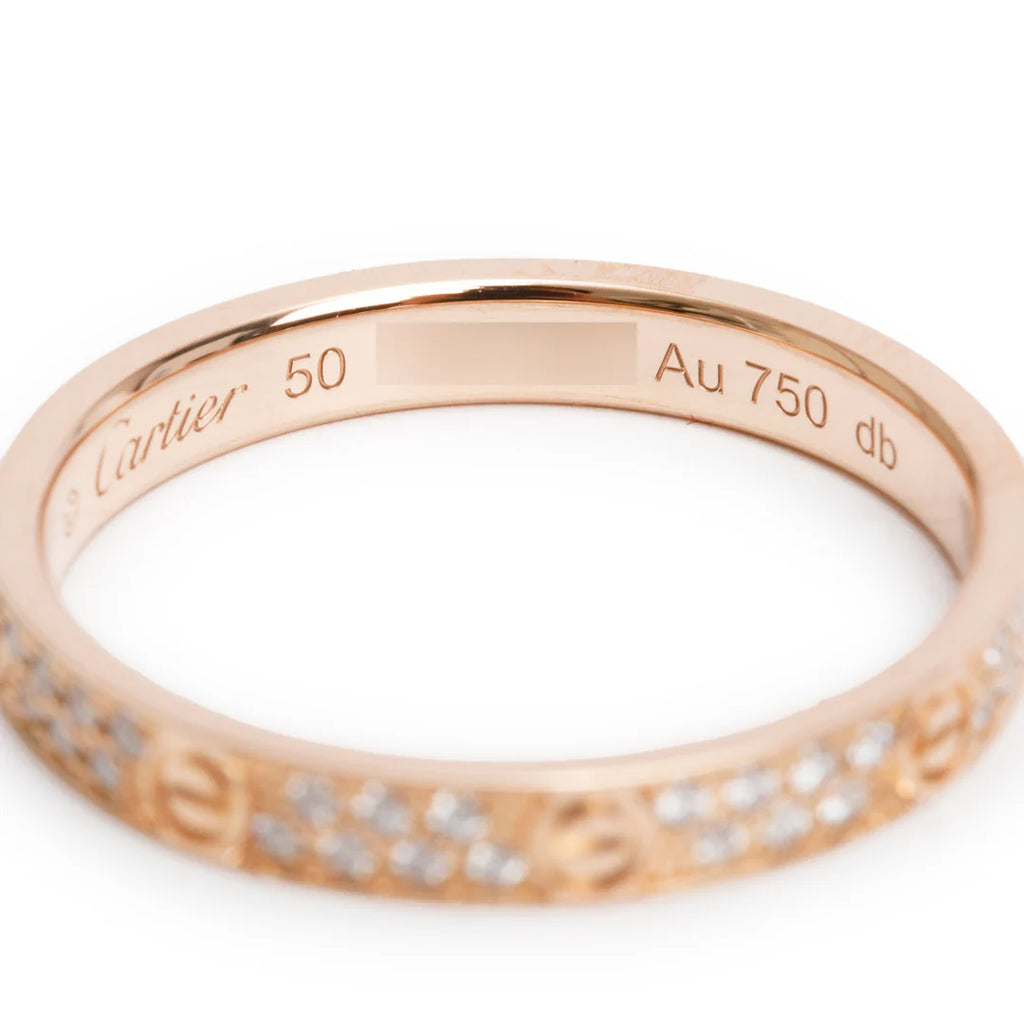2023 18k Rose Gold Paved Diamond Love Ring, Mini Model Size 50 5.25 w/ Box &amp; Certificate