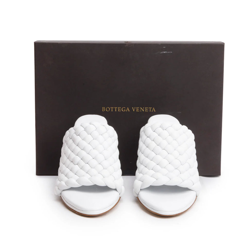 White Nappa Leather Padded Intreccio The Curve Mule Sandals, Size 38 w/ Box