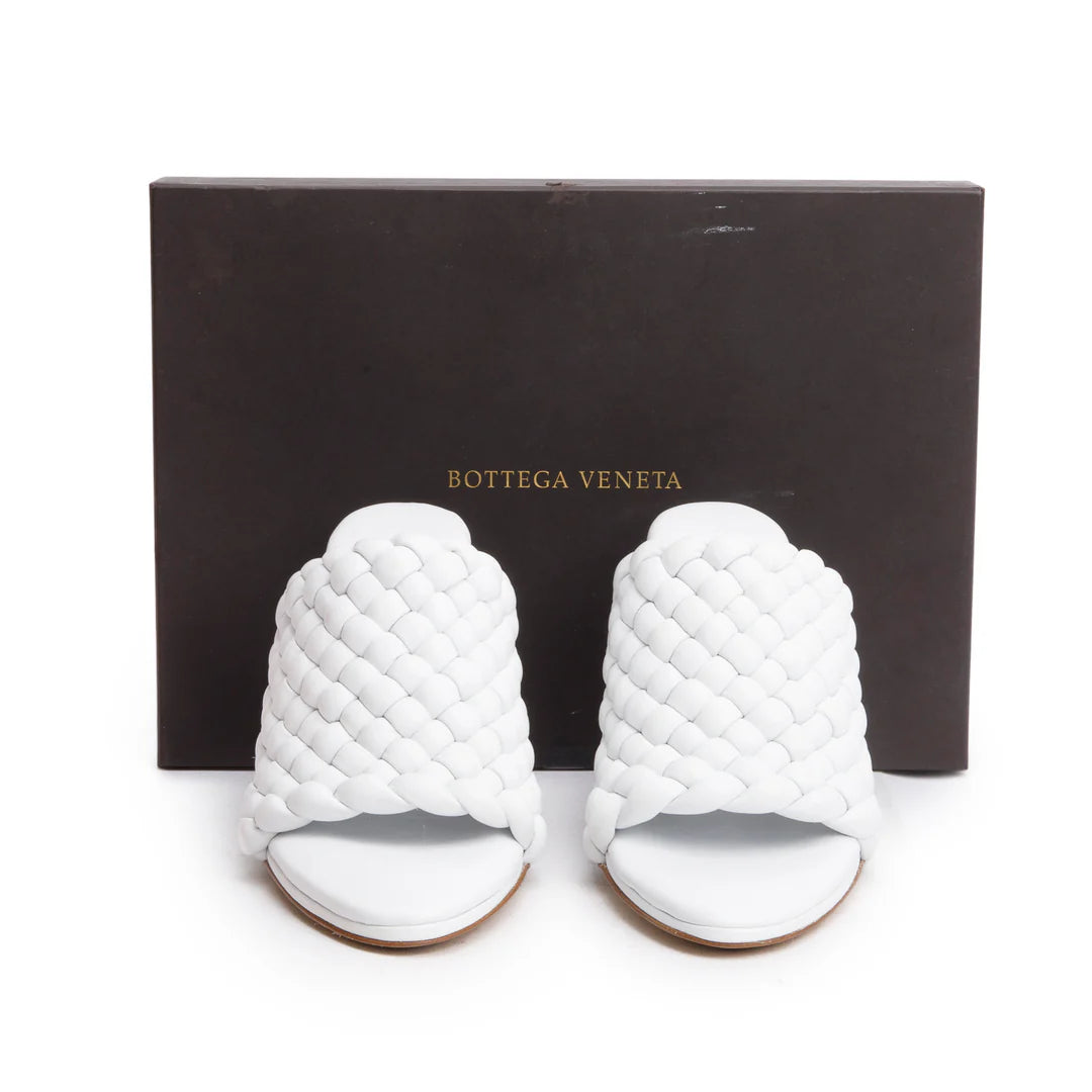 White Nappa Leather Padded Intreccio The Curve Mule Sandals, Size 38 w/ Box