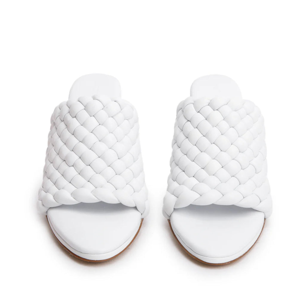 White Nappa Leather Padded Intreccio The Curve Mule Sandals, Size 38 w/ Box