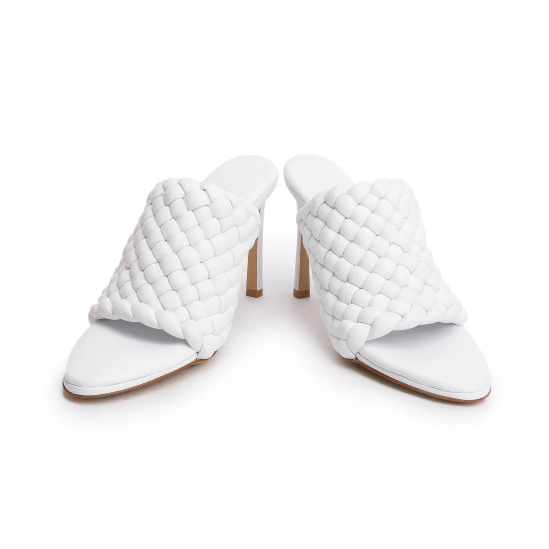 White Nappa Leather Padded Intreccio The Curve Mule Sandals, Size 38 w/ Box
