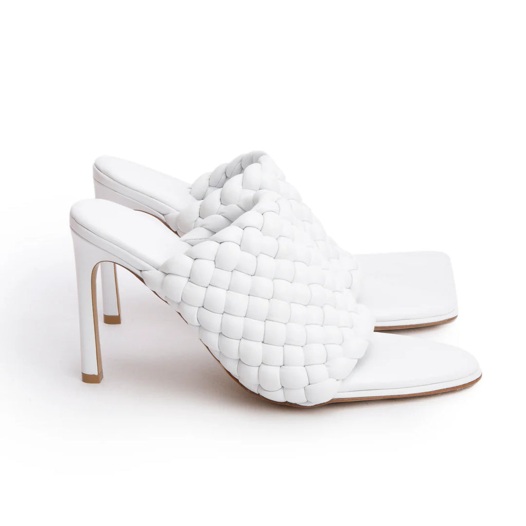 White Nappa Leather Padded Intreccio The Curve Mule Sandals, Size 38 w/ Box