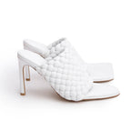 White Nappa Leather Padded Intreccio The Curve Mule Sandals, Size 38 w/ Box
