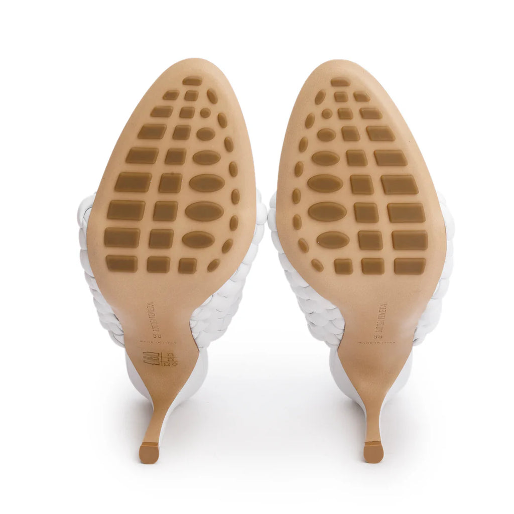 White Nappa Leather Padded Intreccio The Curve Mule Sandals, Size 38 w/ Box