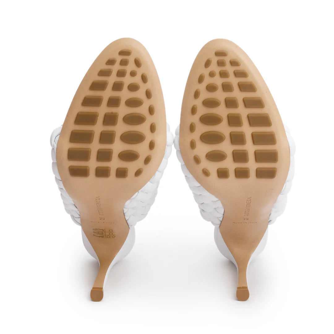 White Nappa Leather Padded Intreccio The Curve Mule Sandals, Size 38 w/ Box